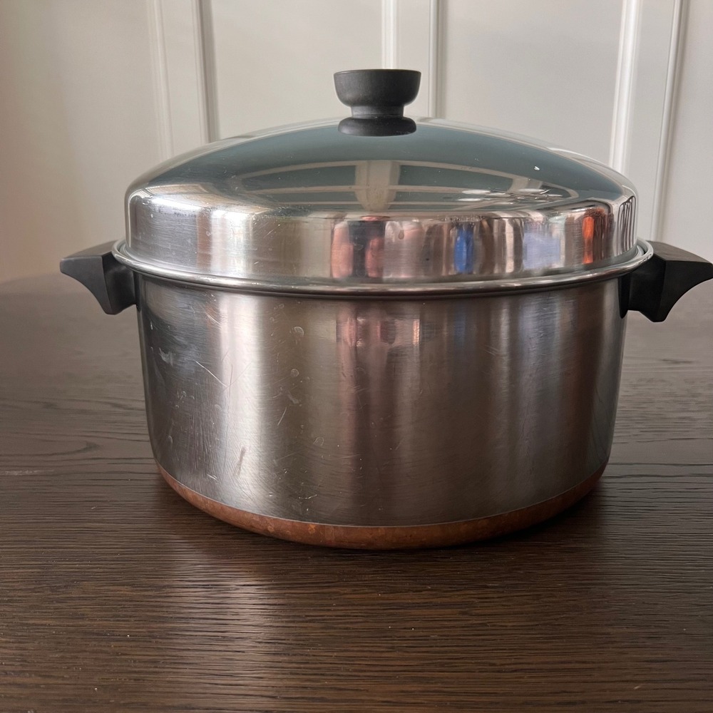 Vintage Revere Ware 6 Qt Stock Pot Copper Bottom Stainless Steel with Lid USA